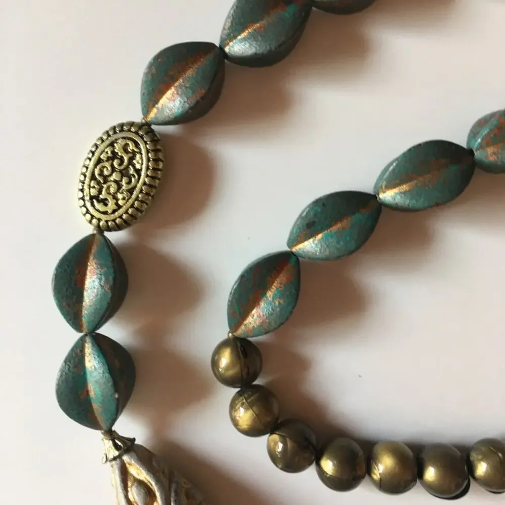 Teal / bronze / gold tone mixed textures statement necklace
